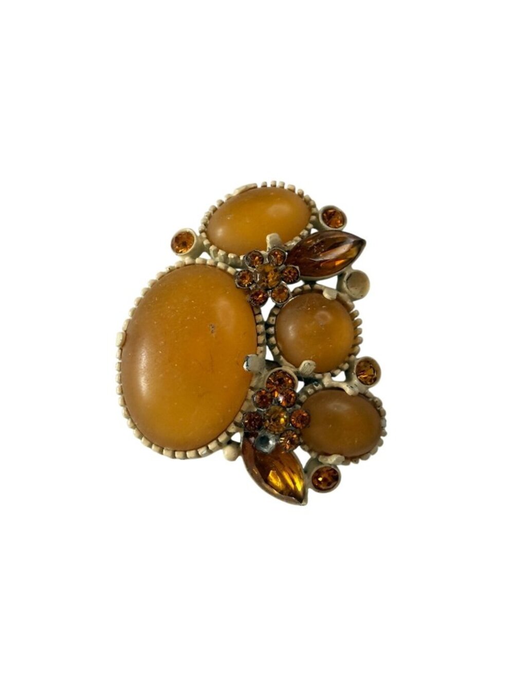Vintage Style Amber Glass Cabochon Rhinestone Floral Brooch Gold Tone Pin Retro